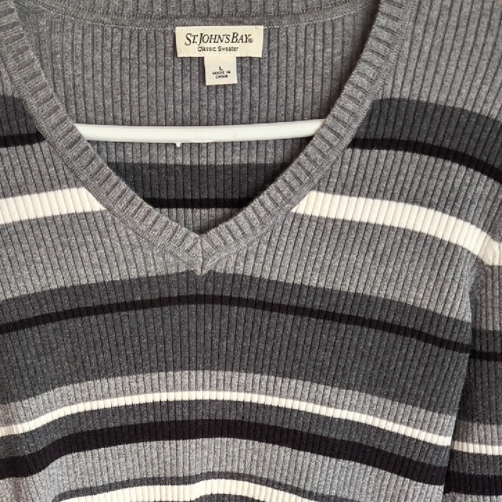St. John's Bay Women's V-Neck Gray and Black Striped Sweater